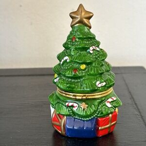 Vintage Christmas Tree Trinket Box Figurine Holiday Decor Whimsical Ceramic